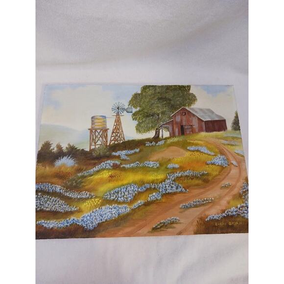 Oil Painting Canvas Barn Windmill Country 16x12 Hills Landscape by Lorine Bryan - Picture 3 of 13